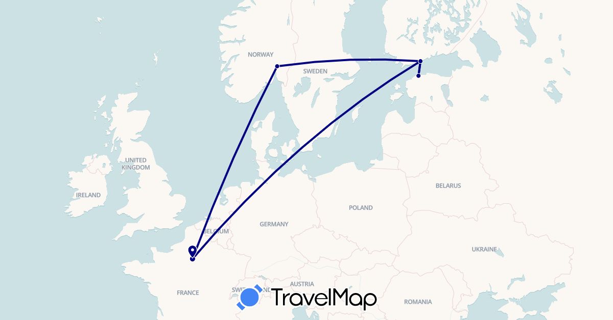 TravelMap itinerary: driving in Estonia, Finland, France, Norway (Europe)